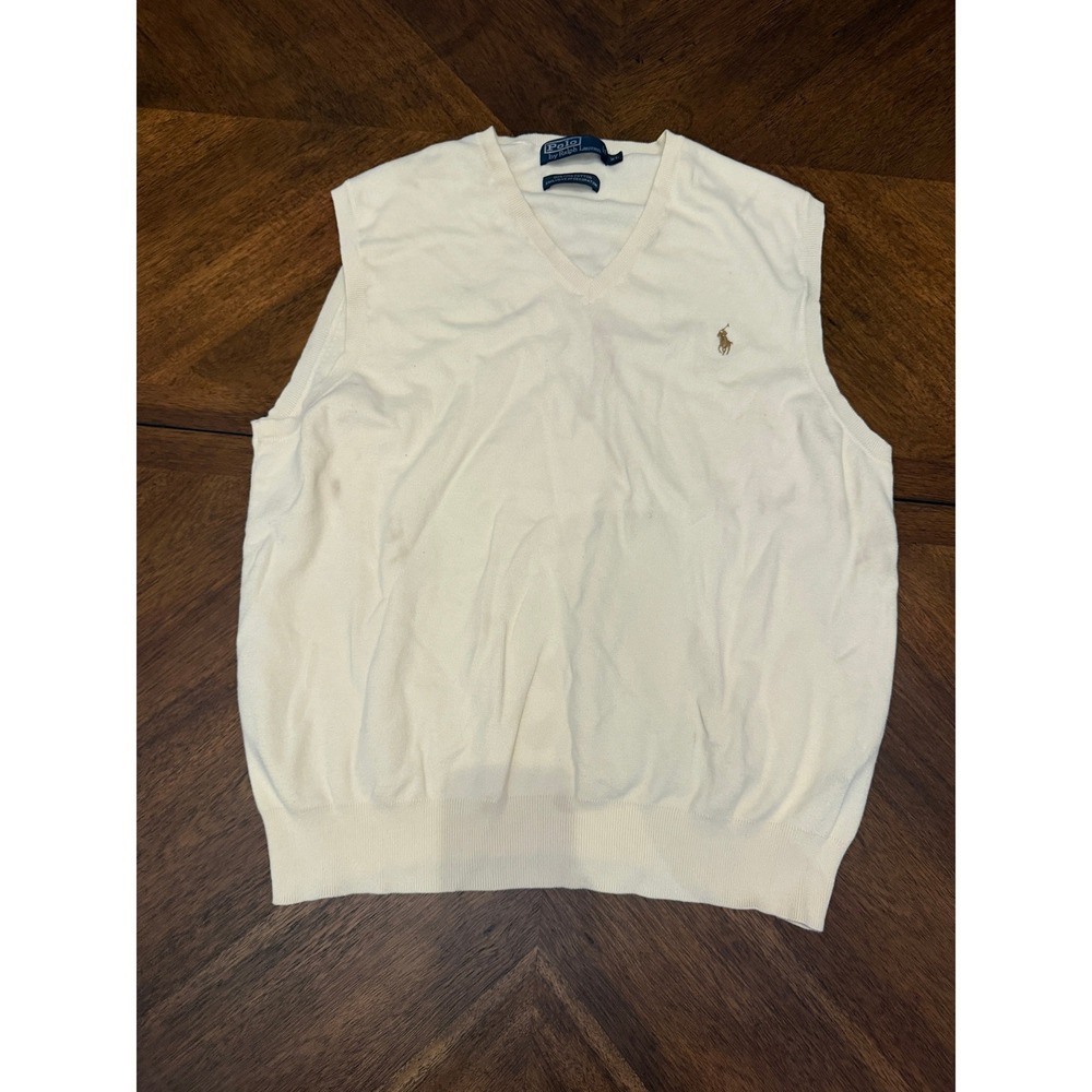 Polo Ralph Lauren Mens XL Cream Pima Cotton V-Neck Sweater Vest Off White Pony